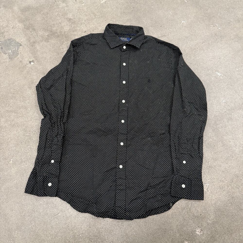 Polo Ralph Lauren Mens L Slim Fit Black White Polka Dot Button Up Shirt Preppy